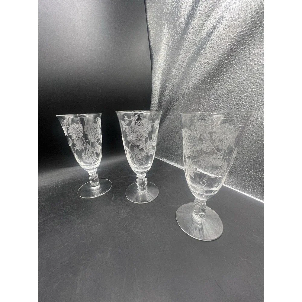 Heisey Rose Etched Crystal Water Goblets Set of 6 Vintage 5.5” Original Labels